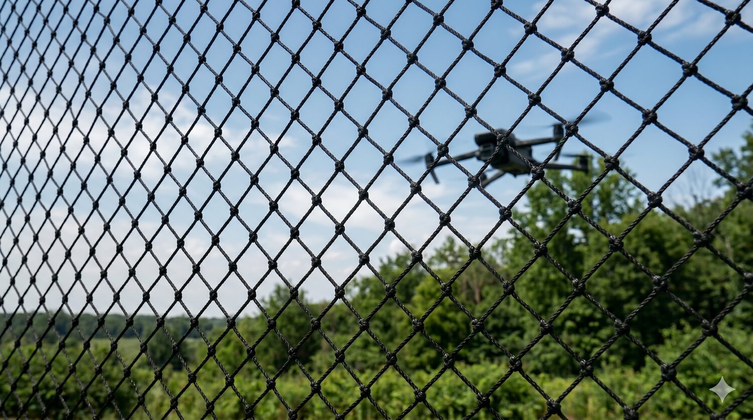 Anti-drone netting — drone intercepted by barrier net